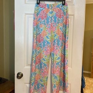 Lolly Wolly doodle wide leg comfy pants in a beach ocean theme there in EUC